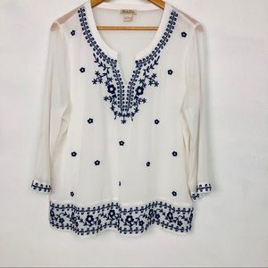 Lucky Brand Sheer White Embroidered Blouse